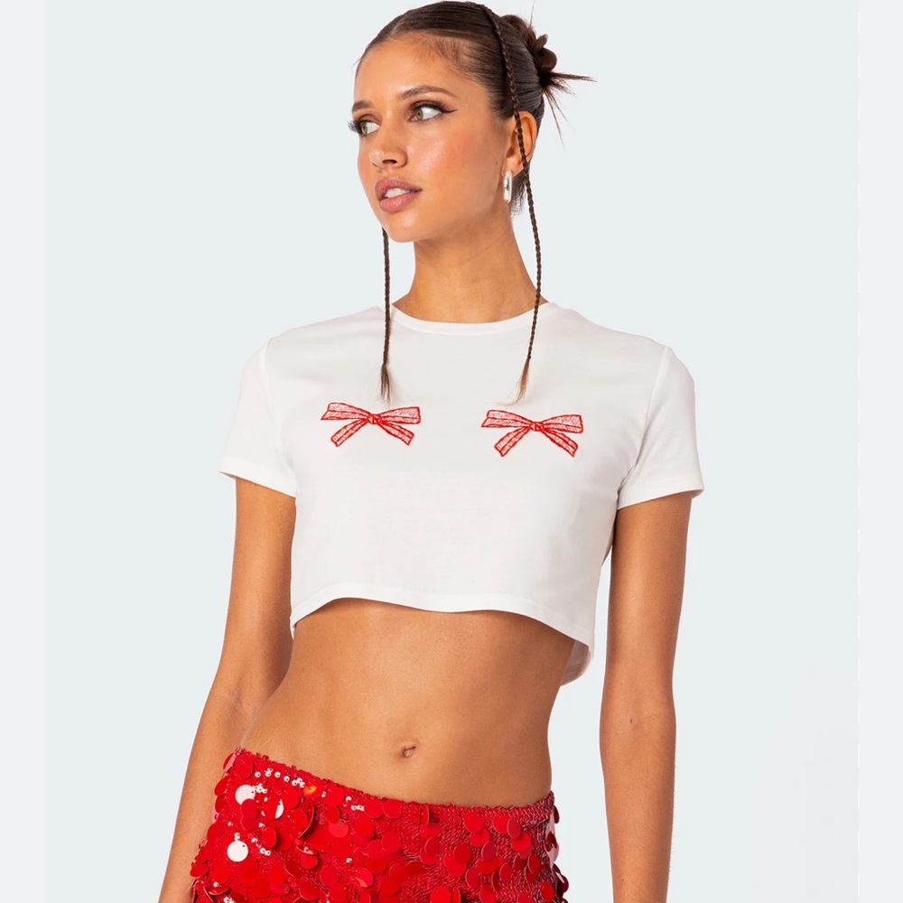 Edikted White Crop Top with Red Bow Accents